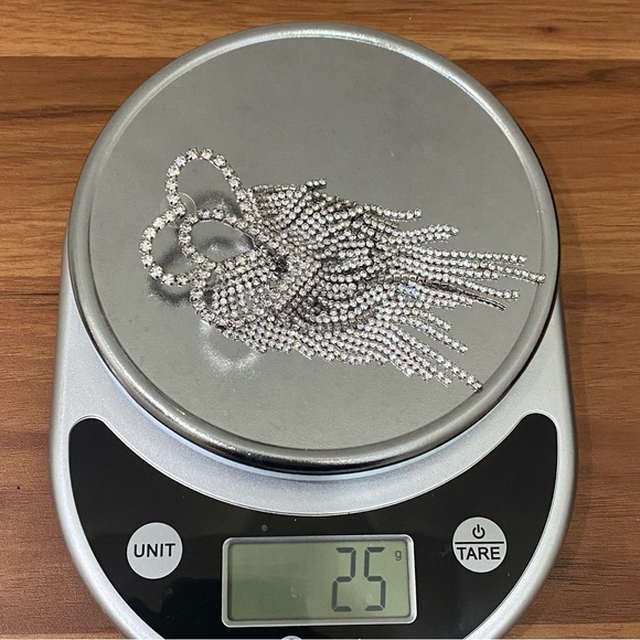 Unsigned Silver-tone Heart Fringe Tassel Bling Rhinestones Drop Earrings 25g. - Picture 10 of 13